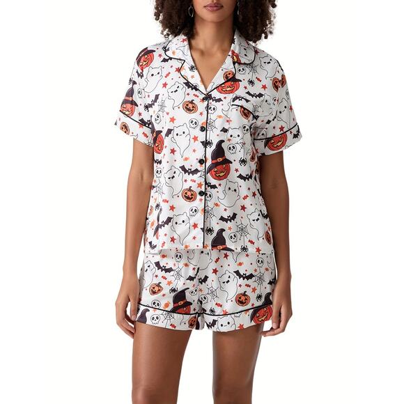 Halloween Satin Short Sleeve & Shorts PJ Set White w/Ghost,Pumpkin,Bats Medium - Picture 1 of 13